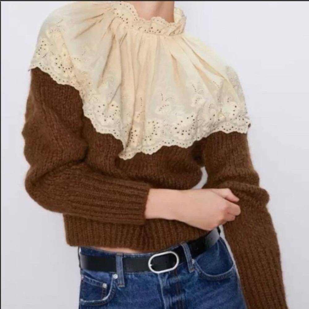 ZARA Brown Wool-Blend Sweater w Cream Eyelet Fairycore Cottagecore Retro Collar